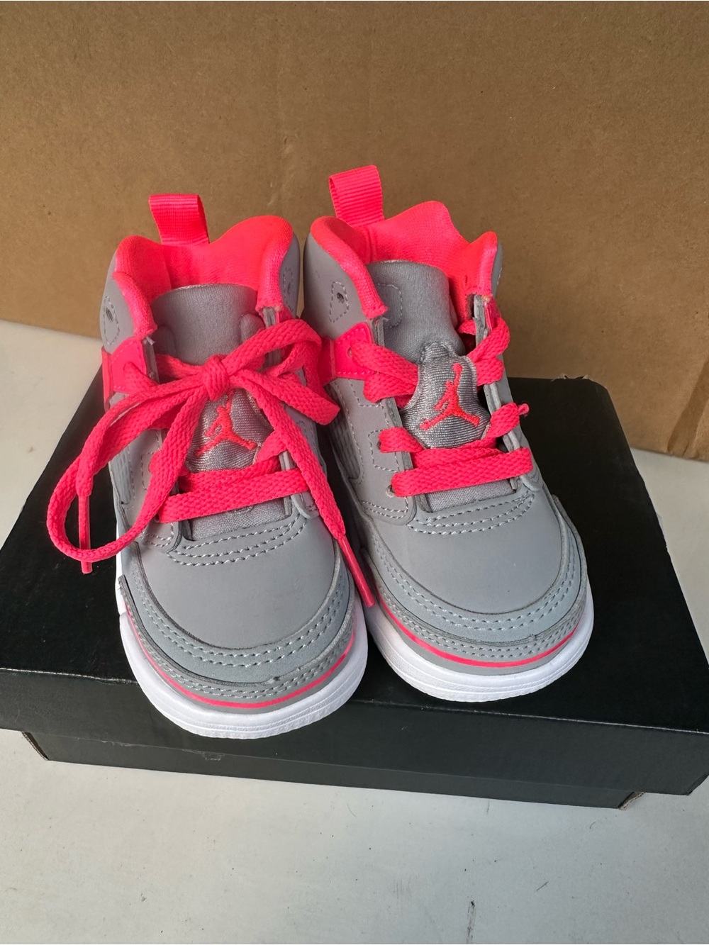 Jordan Kids Grey Sneakers with Neon Pink Accents